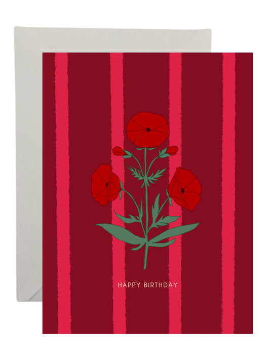 Red Flower and Stripes Happy Birthday Card