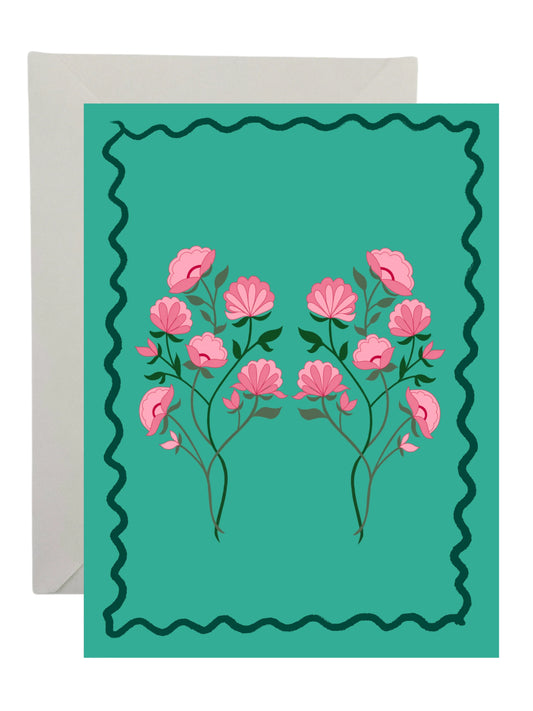 Green and Pink Flowers with Wavy Border Card