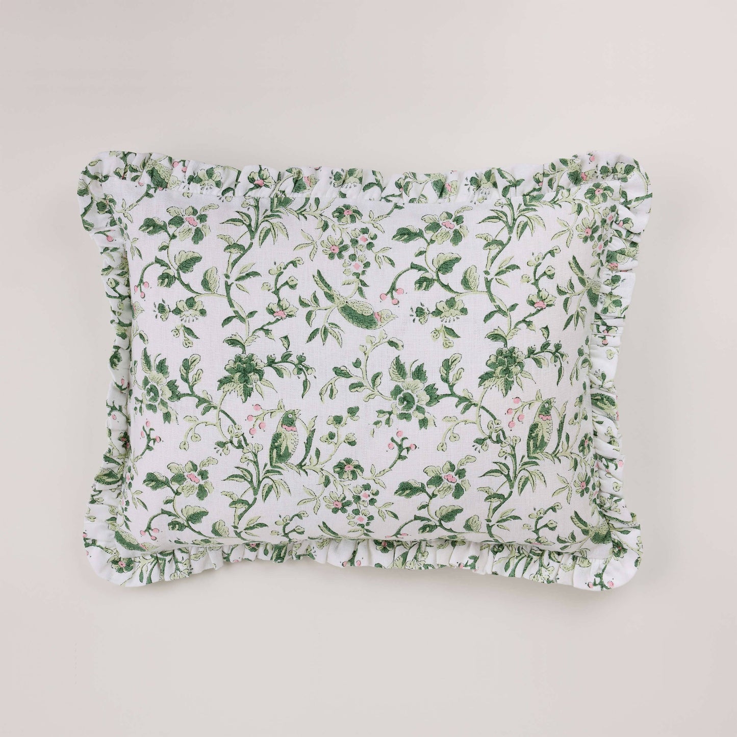 Green Robin & Peony Block Printed Ruffled Cushion Cover