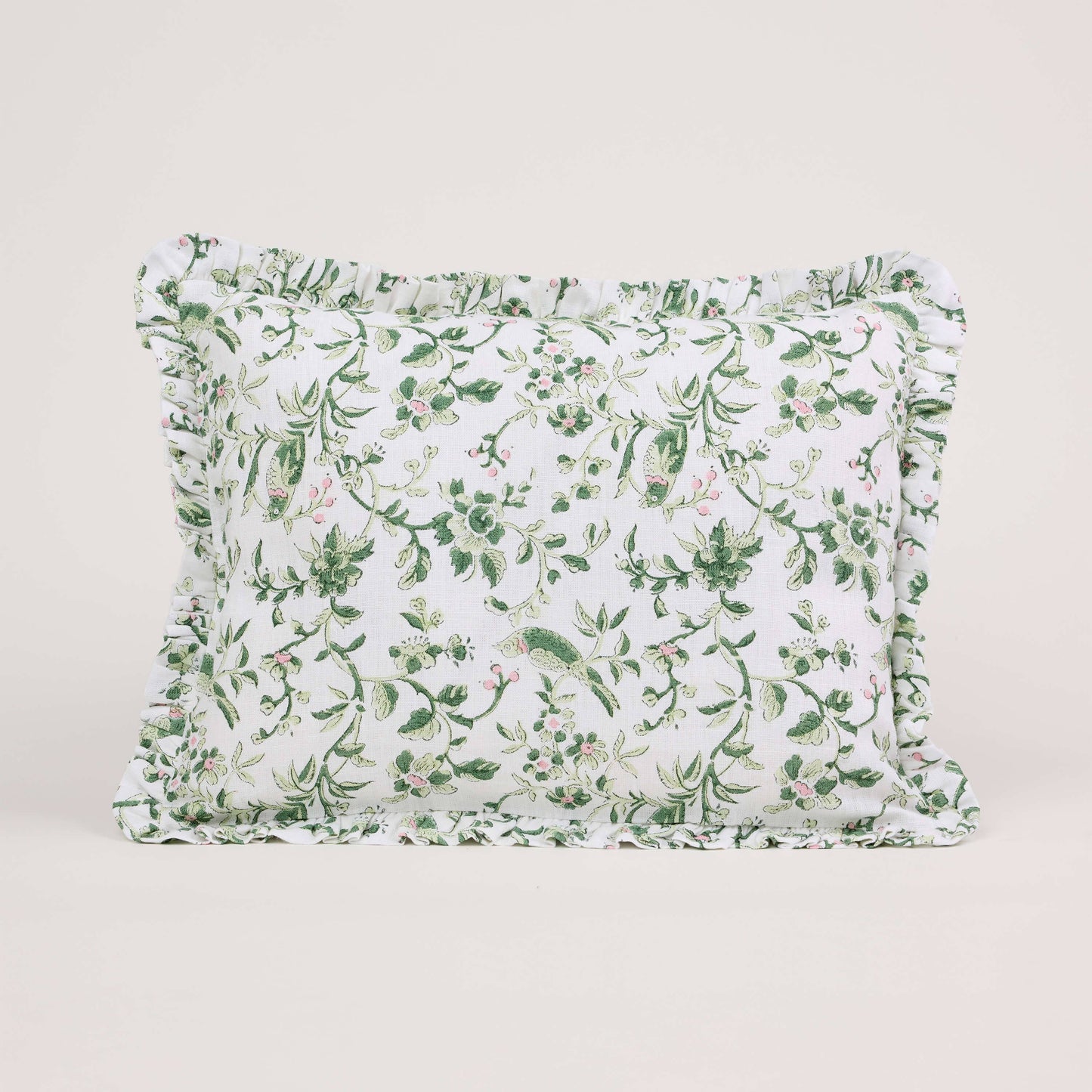 Green Robin & Peony Block Printed Ruffled Cushion Cover